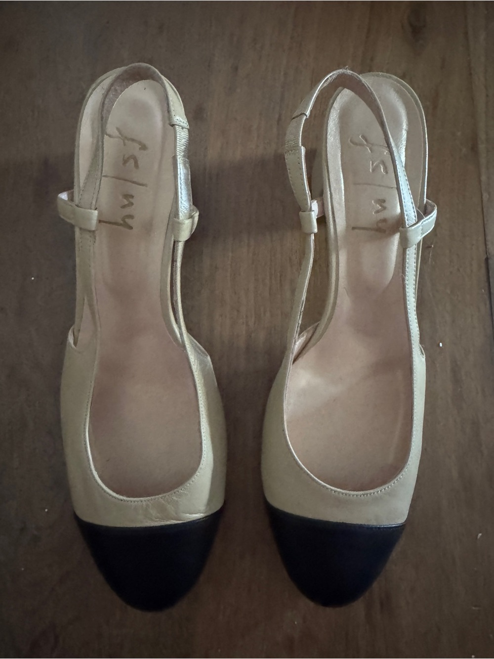 FS NYTwo-Tone Slingback Leather block heels in tan  and Black. Made in Spain,